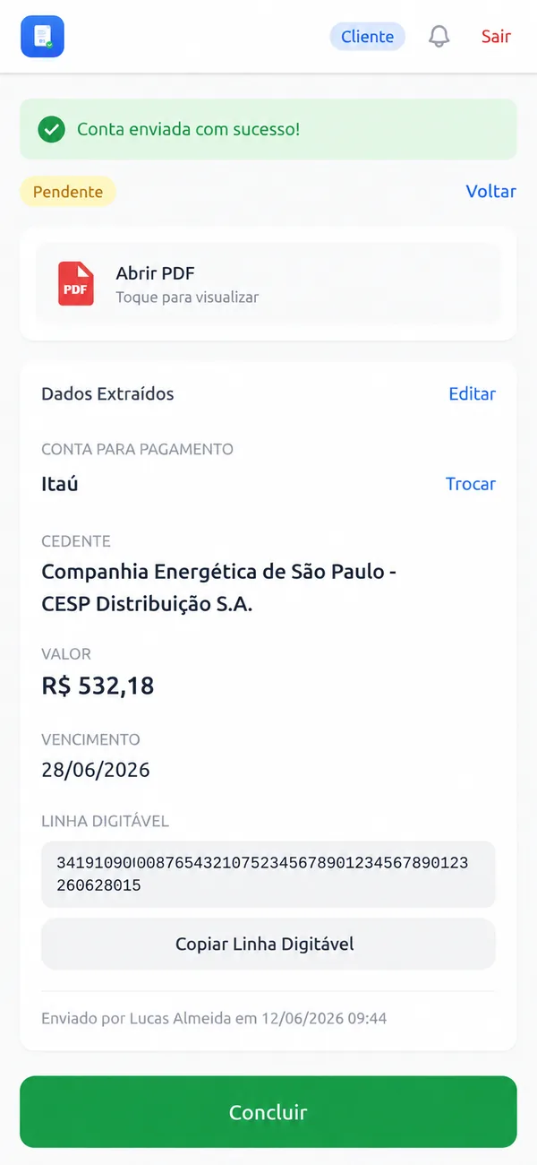 Tela do PF Contas: dados de um boleto extraídos automaticamente — cedente, valor, vencimento e linha digitável prontos para copiar, com a conta confirmada.